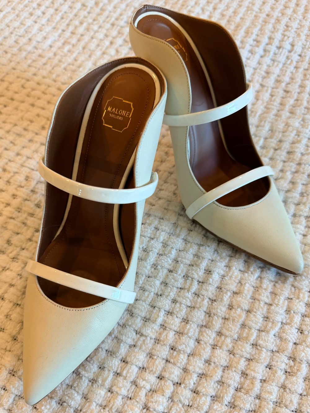 Malone Souliers Ivory Pointed-Toe Double-Strap Heels